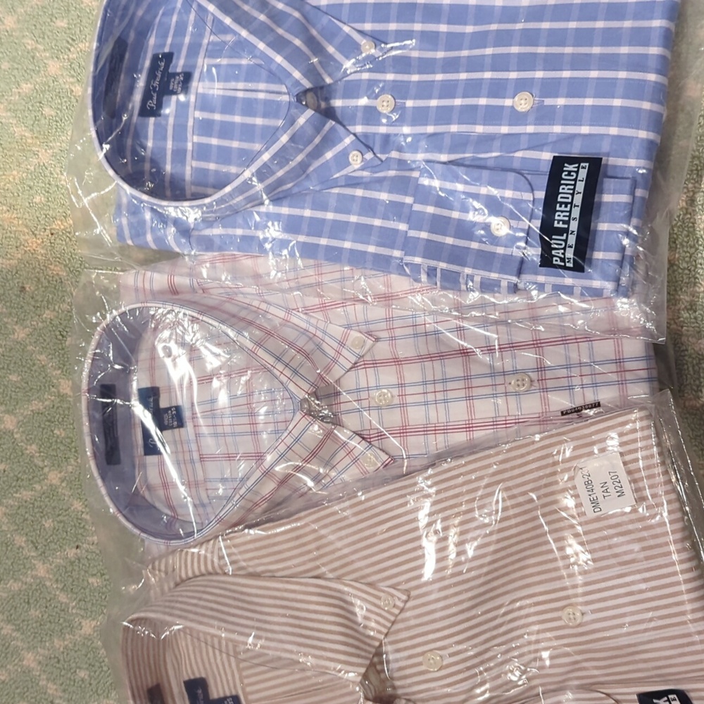 Three NWT beautiful 18.5-35 stunning dress shirts striped, plaid, & check!